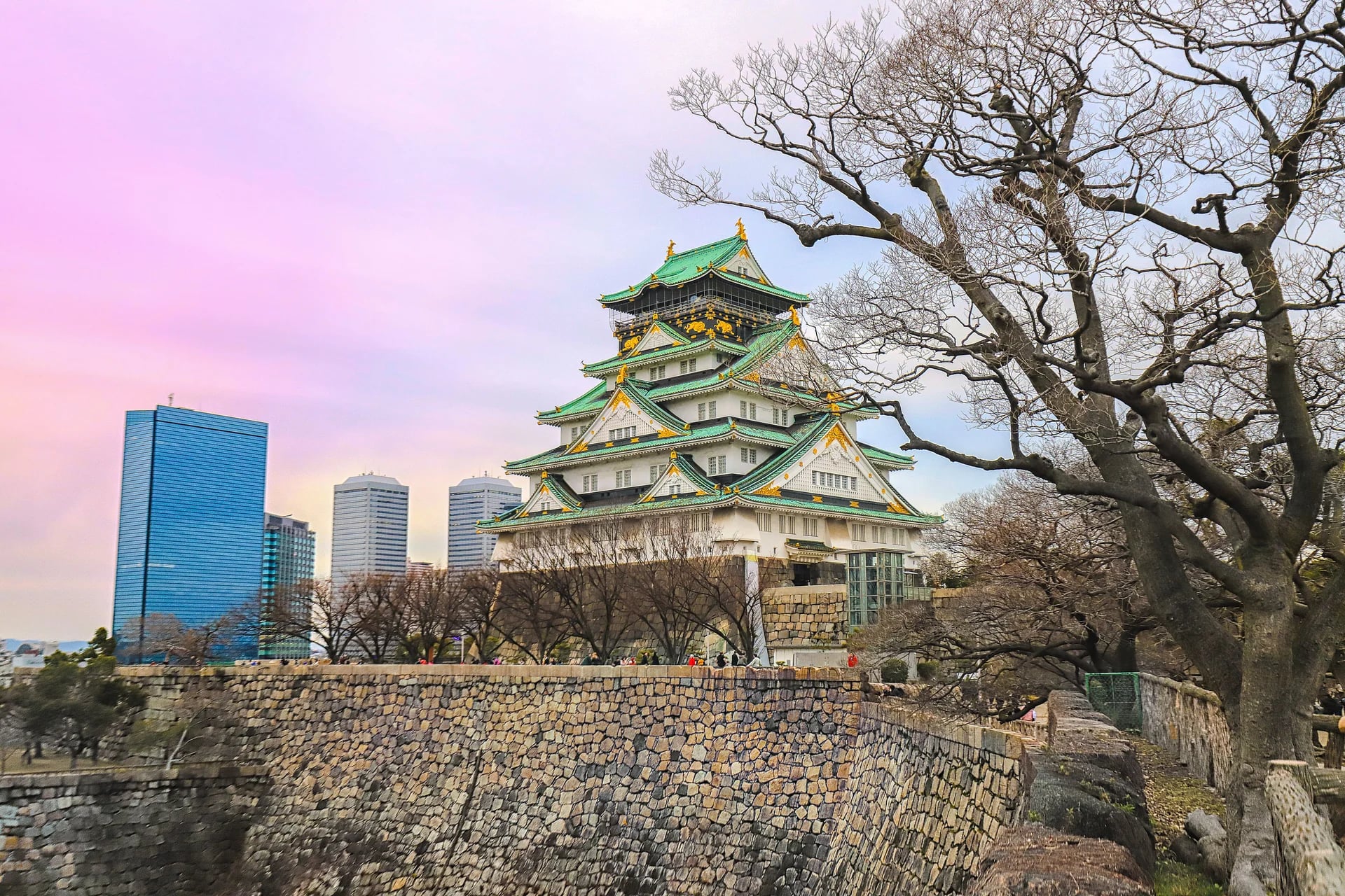 Captivating view of Osaka Castle with city skyscrapers and leafless trees